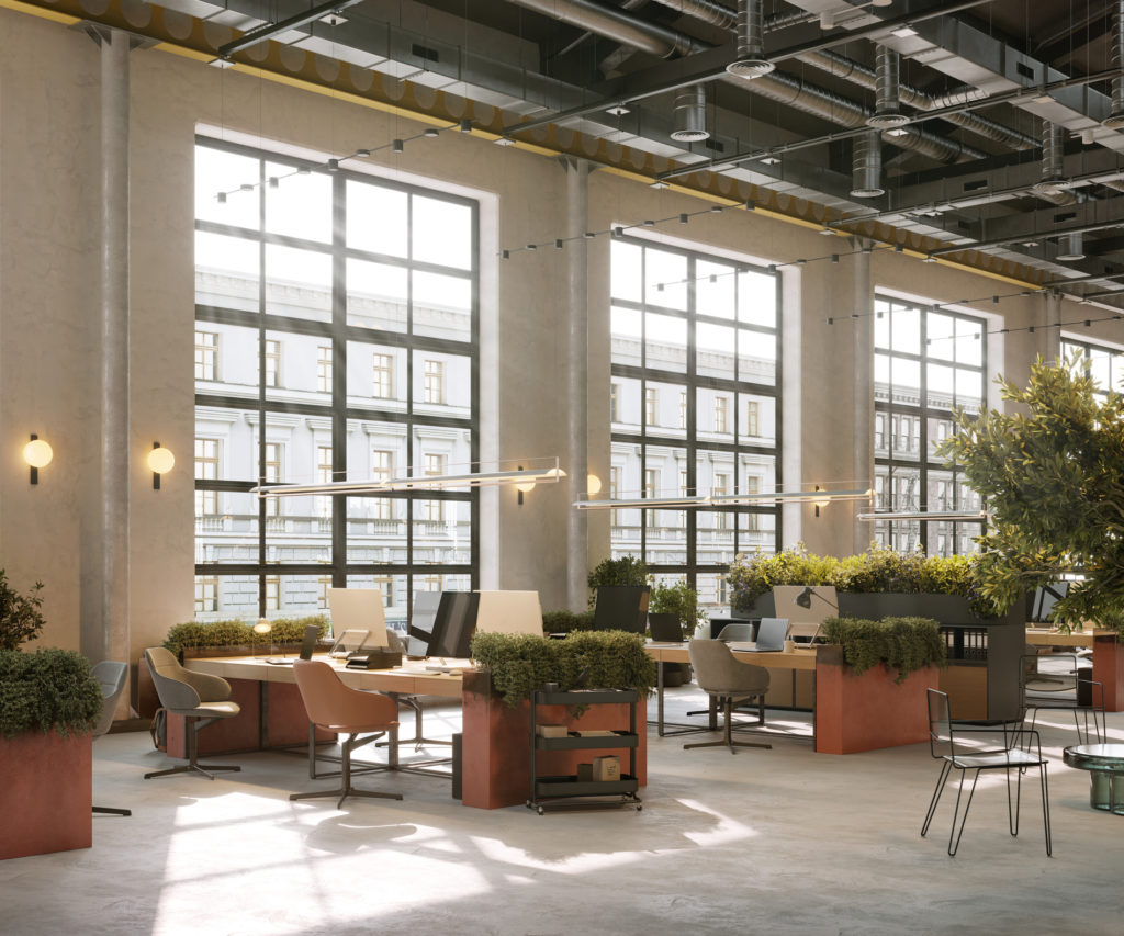 3D Rendering of a large coworking office space